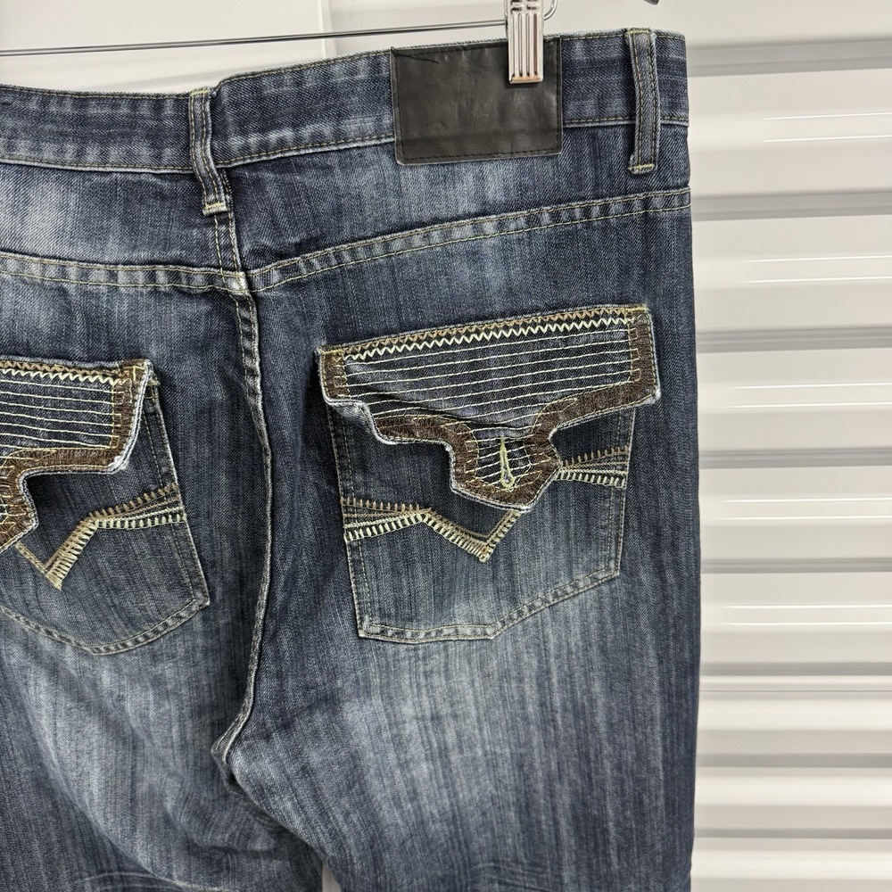 Sacred Cult Jeans Mens 36x34 Dark Wash Straight Flap Pocket Y2K Distressed - Picture 11 of 12